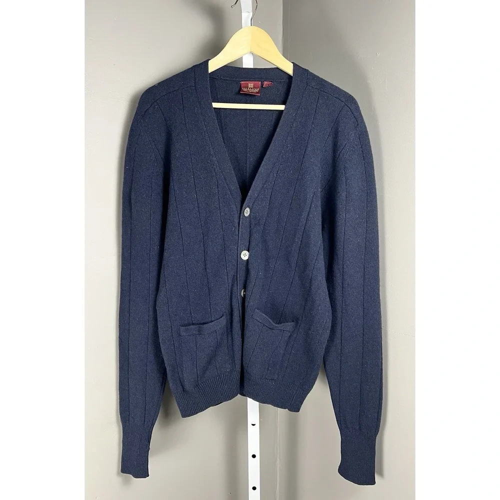VTG Nordstrom L Lambswool Button Up Cardigan Sweater Navy Grandpacore Damage